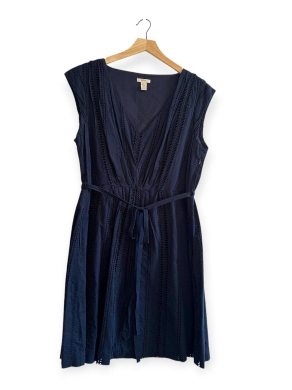 J.Crew Shelby Eyelet Dress Deep Navy Blue Size 12 V-Neck Cap Sleeve A-Line